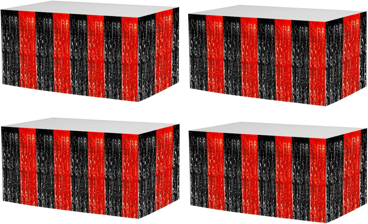 4 Pack 29x108 Inch Metallic Foil Fringe Tinsel Table Skirts for Rectangle Tables Streamer Backdrop for Wedding, Birthday, Parade Floats, Christmas, Halloween Party Decoration(Black Red)