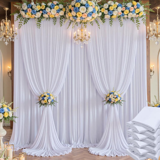 50×14 ft White Wrinkle Free Backdrop Curtain for Wedding Parties, 10 Panels 5×14ft Height Soft Silky Polyester Backdrop Drapes White Photo Back Drop Curtains for Birthday Photography Background Cloth