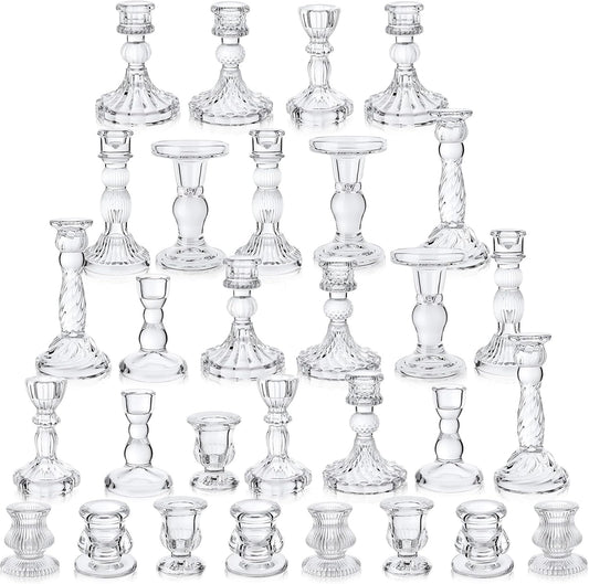 Mumufy 30 Pcs Glass Crystal Taper Candle Holders Clear Glass Candlestick Holder Fit 0.8 Inch Candles Crystal Decorative Candle Stand Centerpiece Table Wedding Dining Party (Classic,Clear)