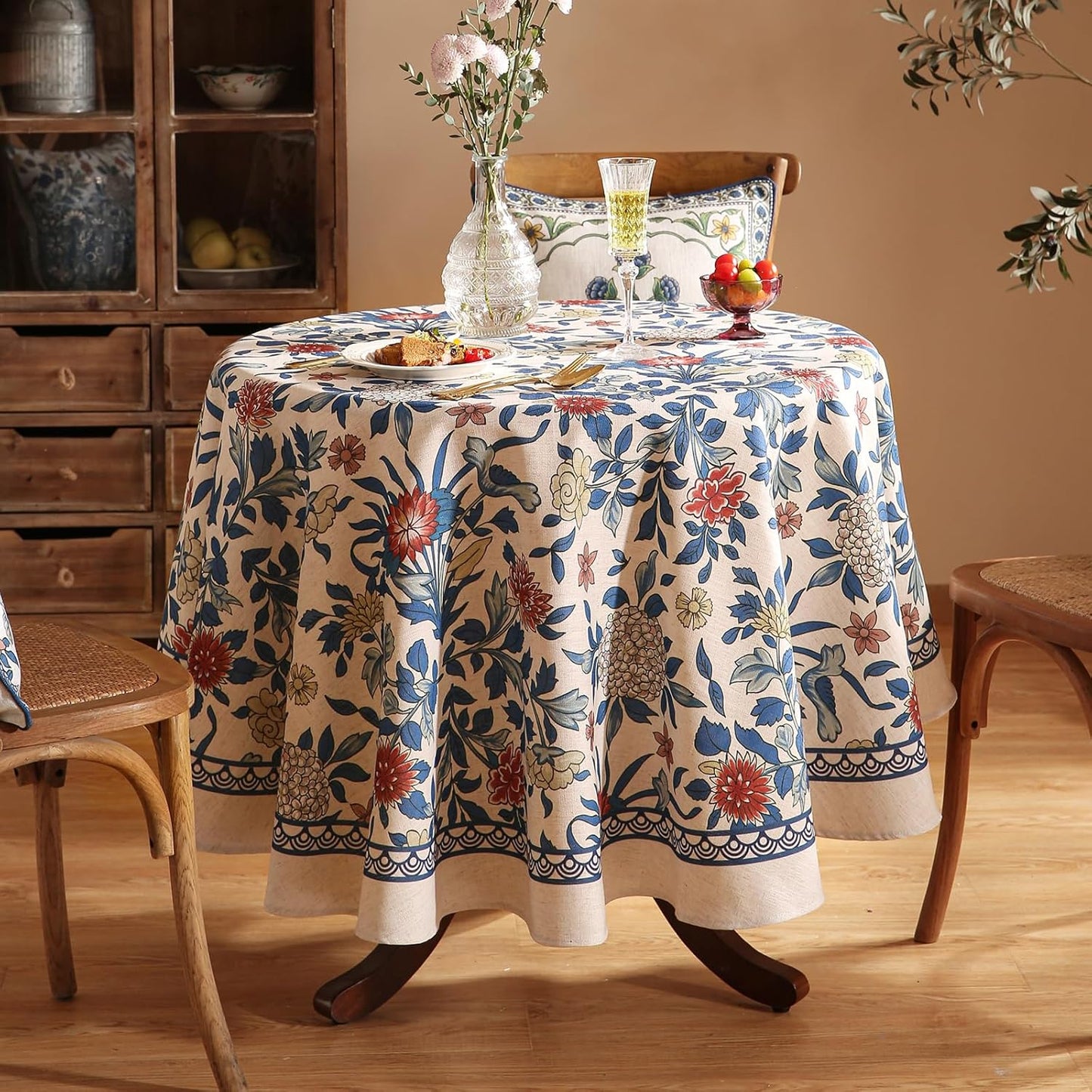 patdrea Designer Small Blue Tablecloth for Round Table,Vintage Linen Leaves and Floral Pattern Tablecloths,Farmhouse Decor Cover for Kitchen Dining Christmas,Thanksgiving,Diameter 55"-Ivar a