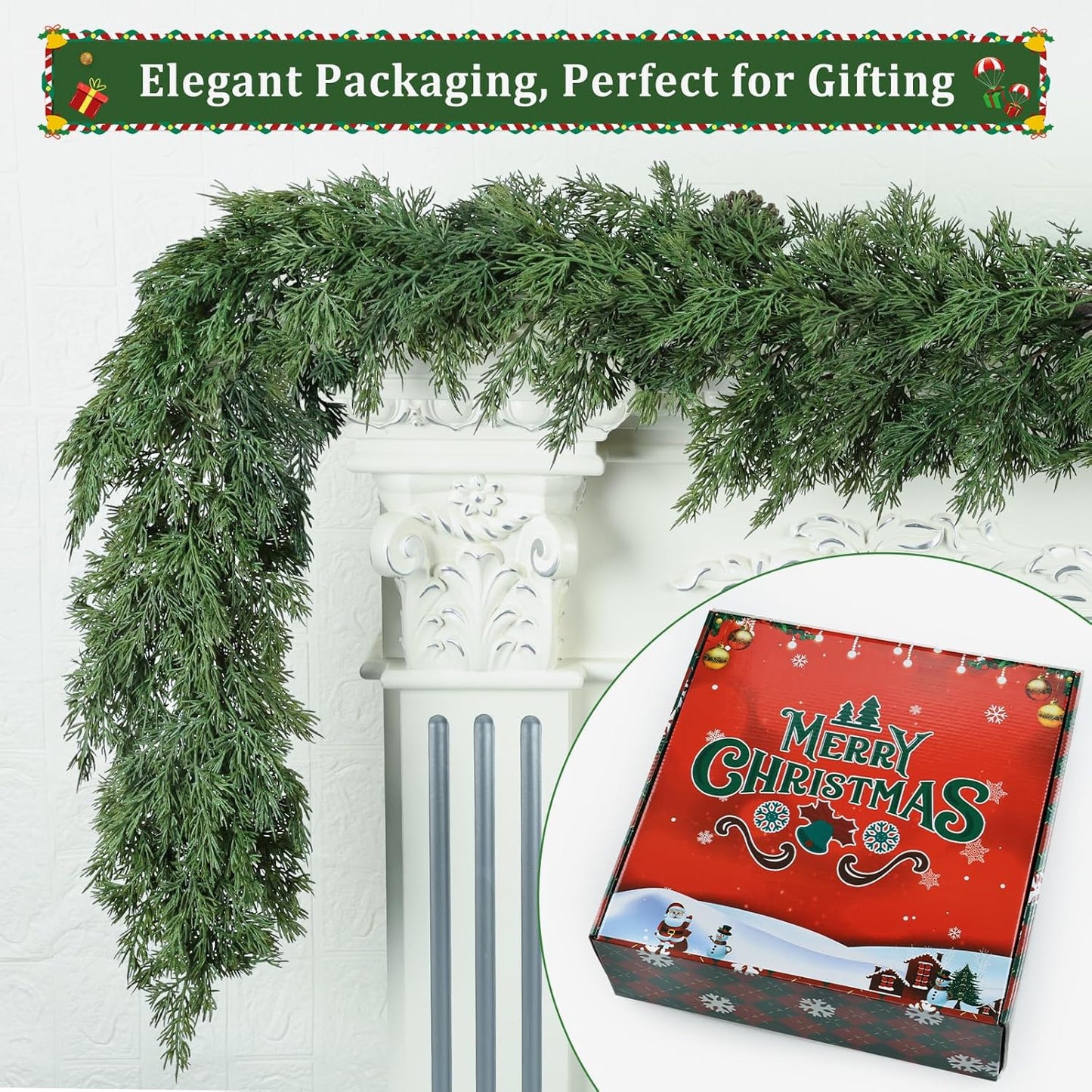 5ft Christmas Cedar Garland, Real Touch Pine Garland, Realistic Cypress Garlands Christmas Decorations for Mantel, Table, Stairs, Porch - Indoor Outdoor Xmas Holiday Decor