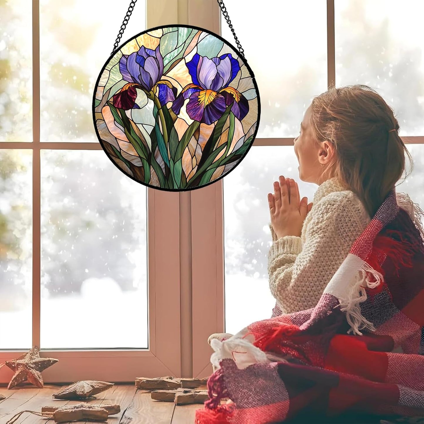 Stained Glass Window Hanging, Purple Blue Iris Birth Flower Suncatcher for Doors Garden Yard Sun Catchers Decor Christmas Mother's Day Birthday Gifts for Teacher Women Mom Nana Wife 15 in