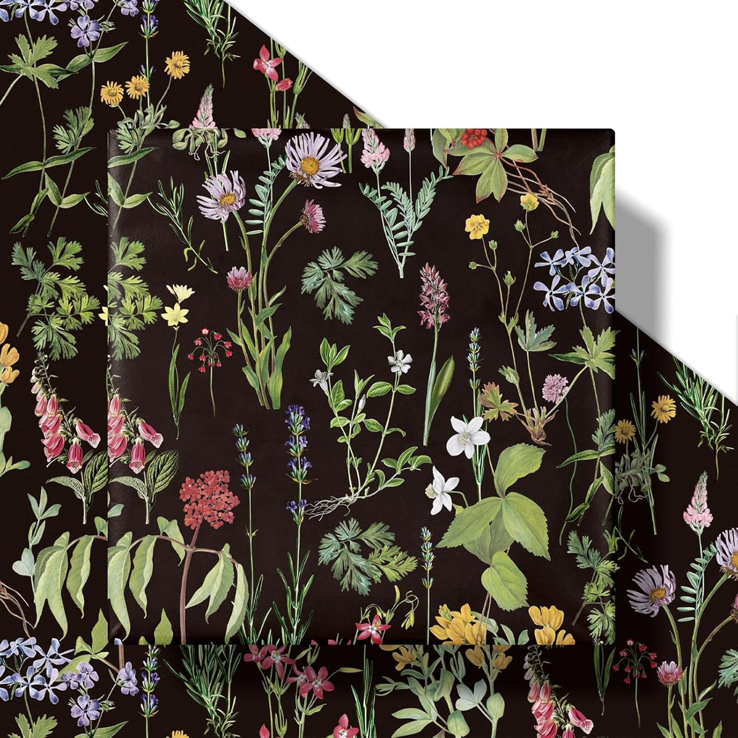 RUSPEPA Wild Flower Wrapping Paper Roll for Women Girls, Mini Roll, Elegant Black Floral Design Gift Wrap Paper Perfect for Birthday, Bridal Shower, Spring, Wedding, Mother's Day, 17 Inch x 16.4 Feet