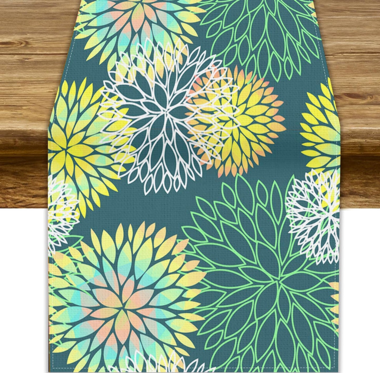 Green Dahlia Flower Table Runner, Linen Geometric Pattern Floral Table Decor Spring Farmhouse Decorations for Kitchen Dining Holiday Party Decor, 13x108 Inch