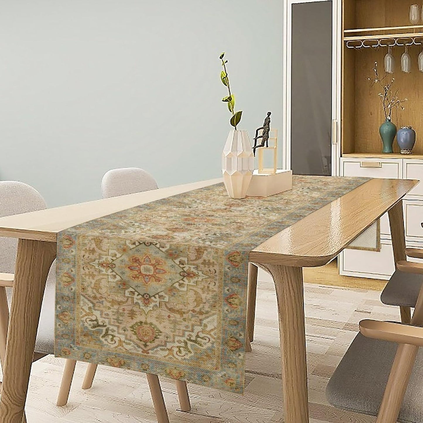 Vintage Boho Floral Table Runner, Rustic Country Farmhouse Yellow Blue Retro Flower Pattern for Home Kitchen Table Decor Dining Coffee Room Party Decor 13x60in