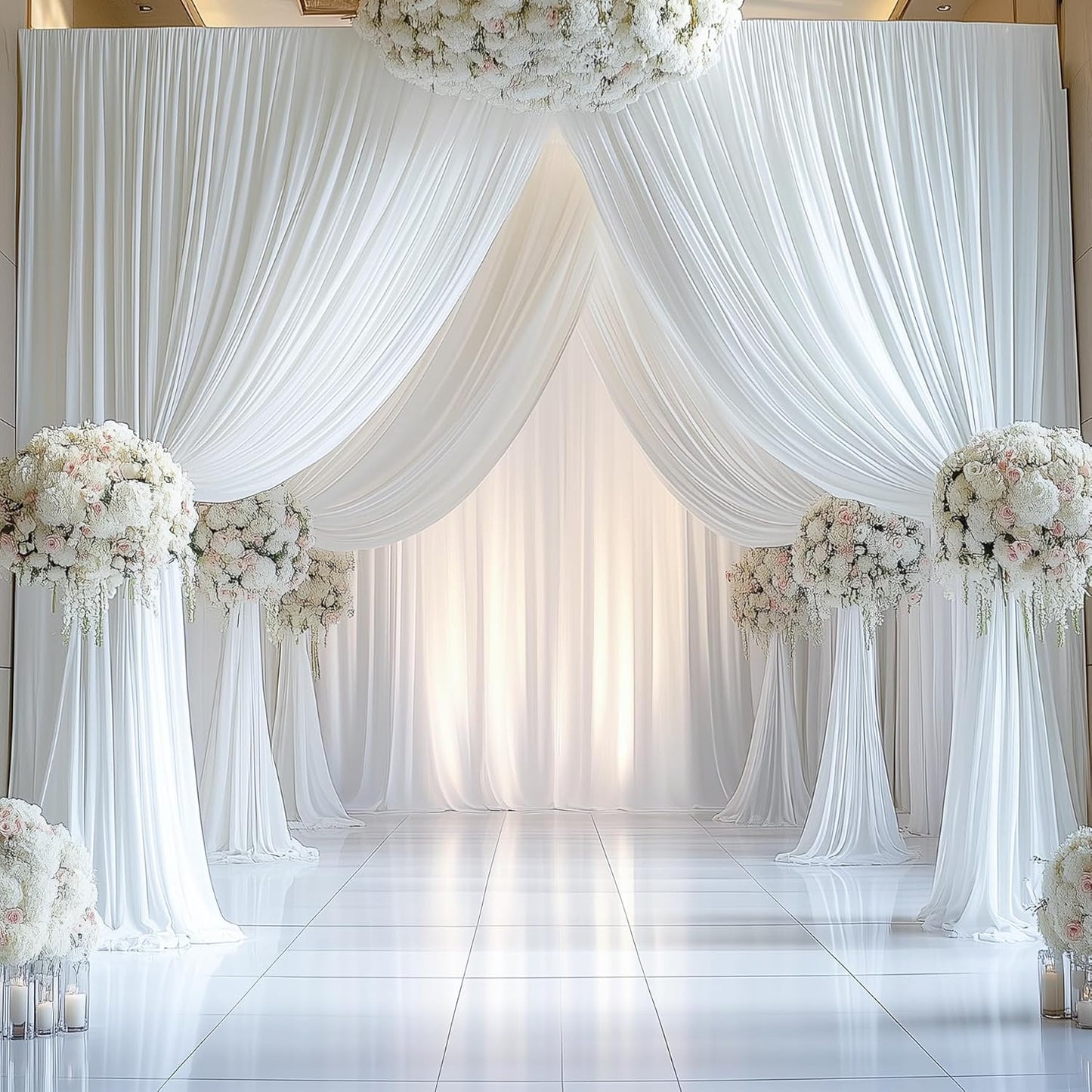 30ftx14FT Wrinkle Free White Backdrop Curtain, 6 Panels 14FT Height White Wedding Backdrop Drapes, Silky Polyester Back Drop Cloth for Birthday Photography Background Party Backdrop Draping