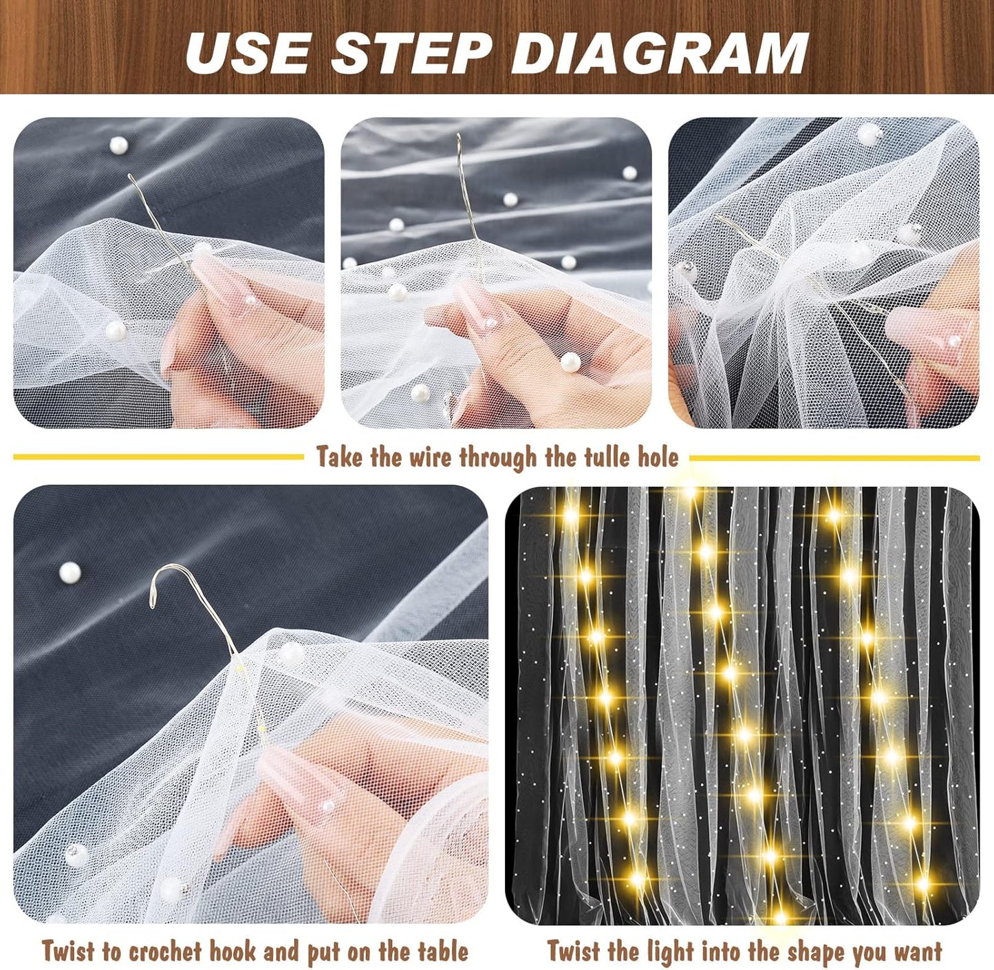 10 ft 4 x 120 Inch White Wedding Tulle Table Skirt with LED Lights White Pearl Chiffon Birthday Table Runner Tulle Sweetheart Decor Pearl Arch Decorations Outside Baby Shower Ceremony (Plug in Type)