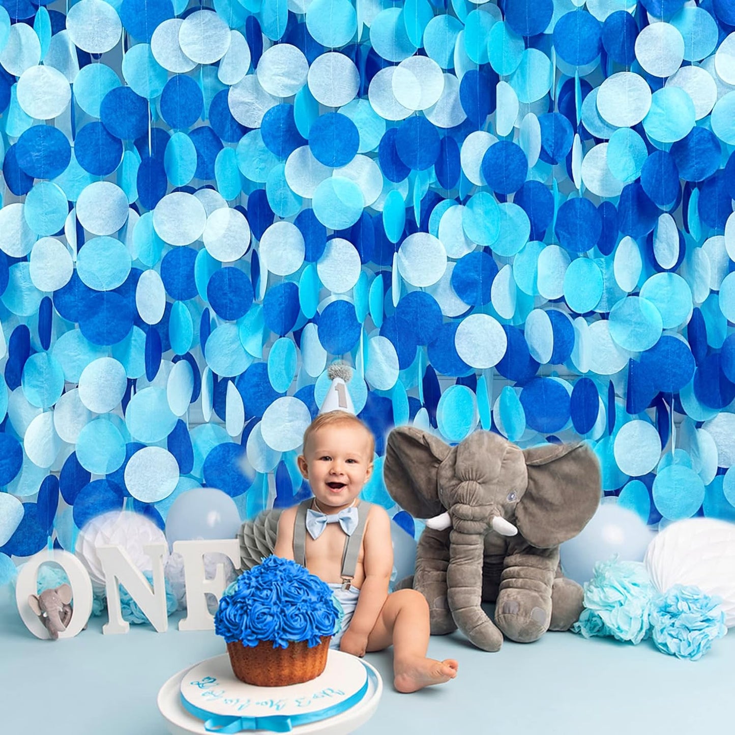 205Ft Navy Blue White Party Decorations Circle Dot Backdrop Garland Royal Blue Tissue Paper Polka Dot Hanging Curtain Streamer for Birthday Graduation Wedding Under The Sea Nautical Ahoy Achor Party