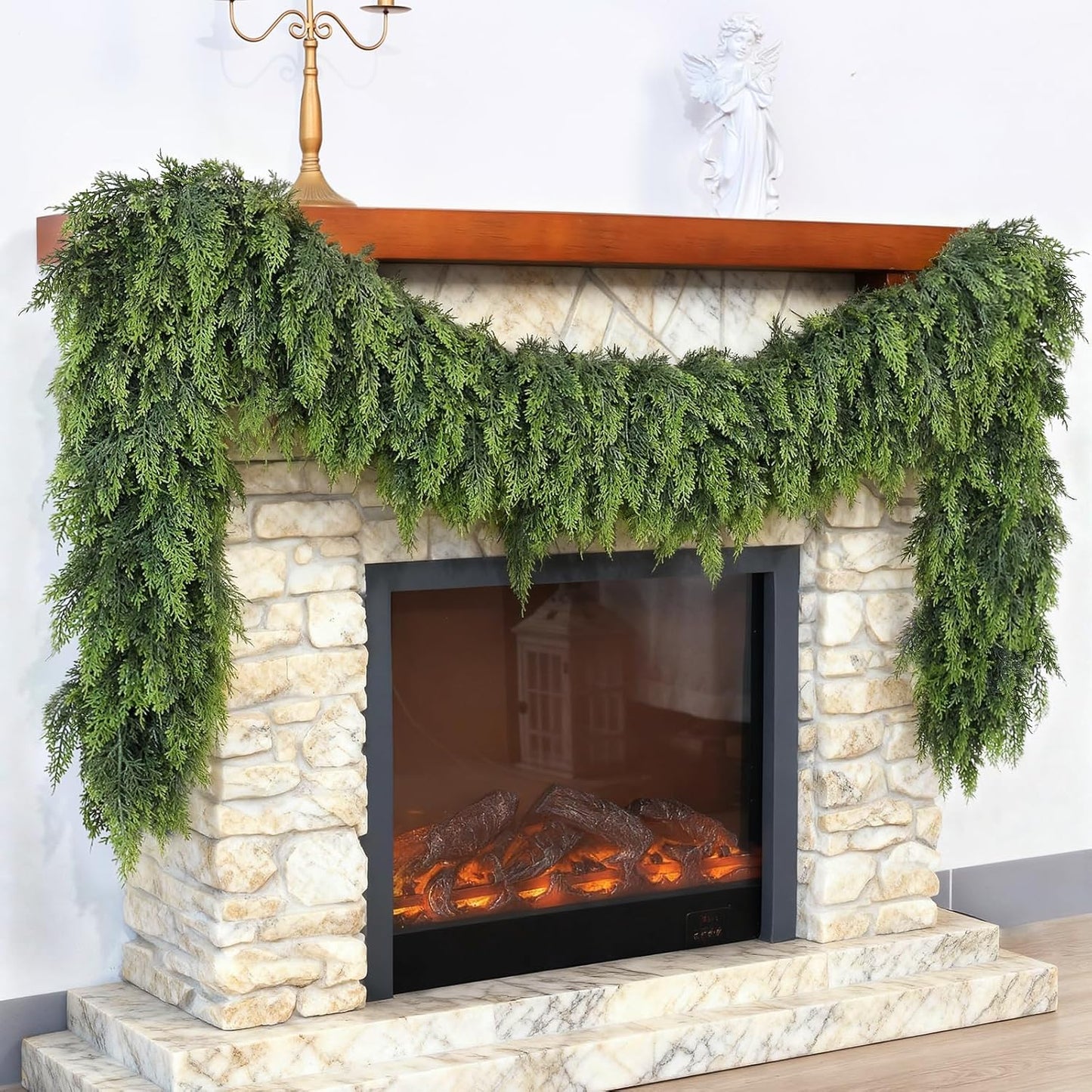 Christmas Cedar Garland - 5ft Artificial Cedar Garland Faux Lush Green Fake Pine Needles for Fireplace,Table,Window,Stairs,Mante,Holiday Indoor Outdoor Xmas Decor(2PCS)