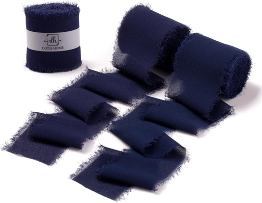 DORIS HOME Dark Navy Chiffon Ribbon for Flower Bouquet, 2" x21Yd Fabric Ribbon for Gift Wrapping, Handmade Frayed Ribbon for Wedding/Christmas Decorations