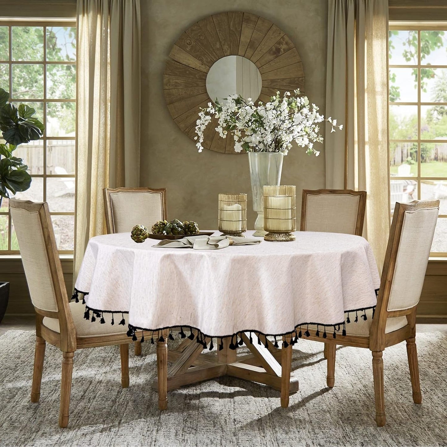 MYSKY HOME 60 Inch Round Cotton Tablecloth, Heavy Duty, Waterproof, Wrinkle Resistant, Black Tassels, Modern Elegant Design, Kitchen, Dining, Parties, Events