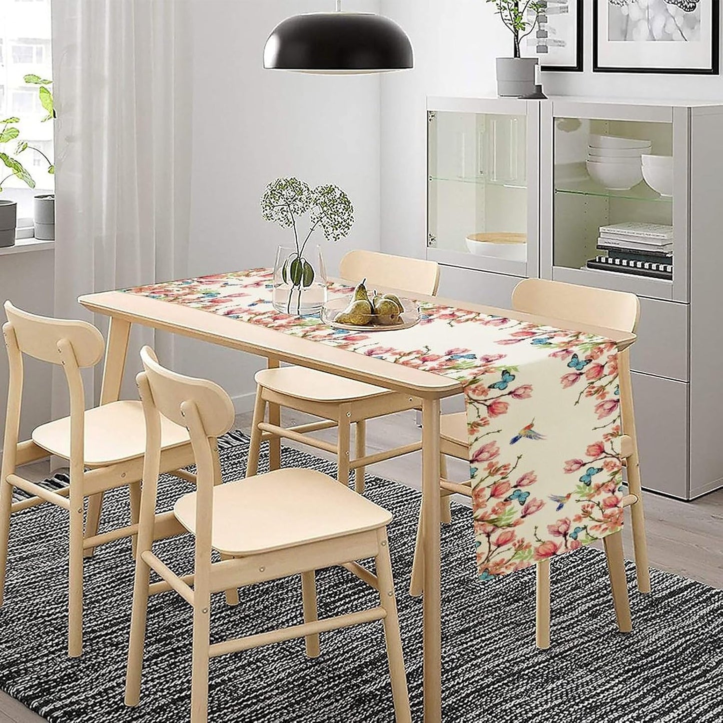 Flowers Table Runner,Floral Bird Butterfly Spring Table Cloth Kitchen Dining Table Home Party Decoration 13x90 Inch