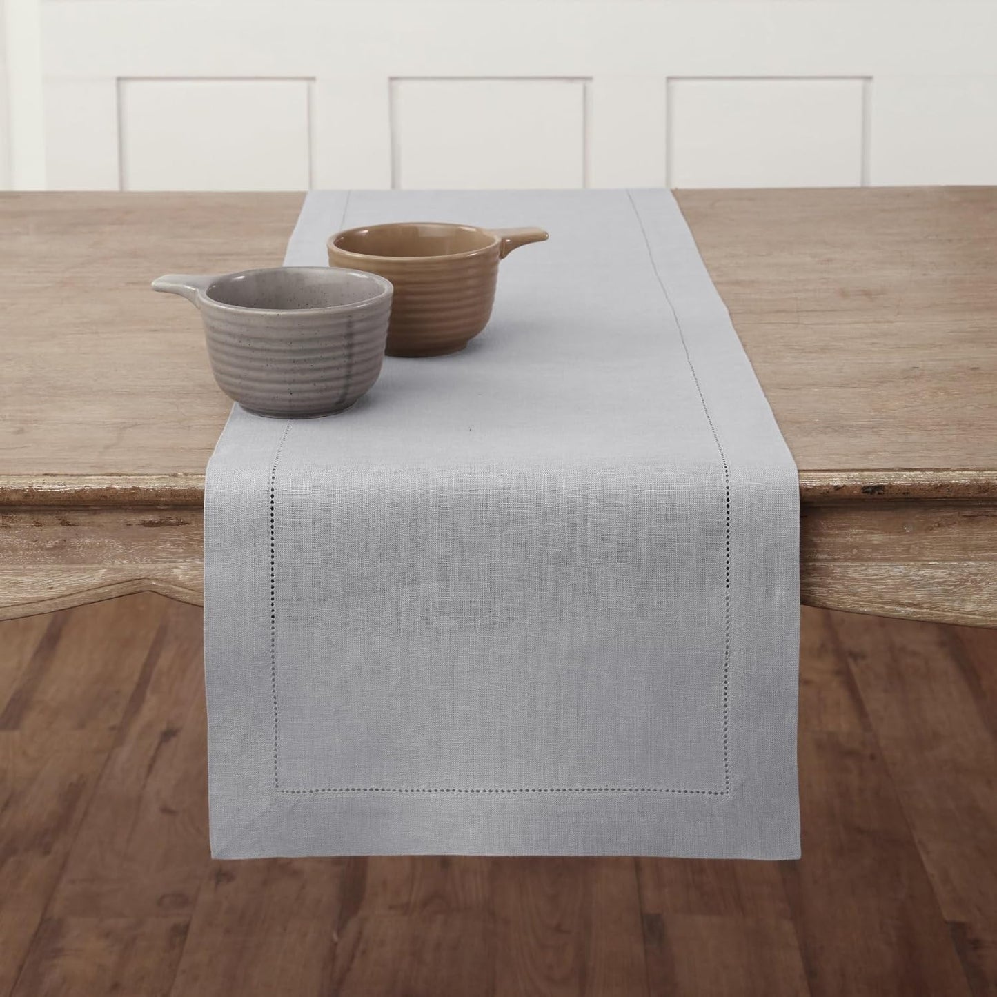 Solino Home Linen Soft Grey Table Runner 48 Inches - Classic Hemstitch, 100% Pure Linen Coffee Table Runner 14 x 48 Inch Ideal for Dresser Tables - Fall, Autumn, Halloween, Thanksgiving, Christmas
