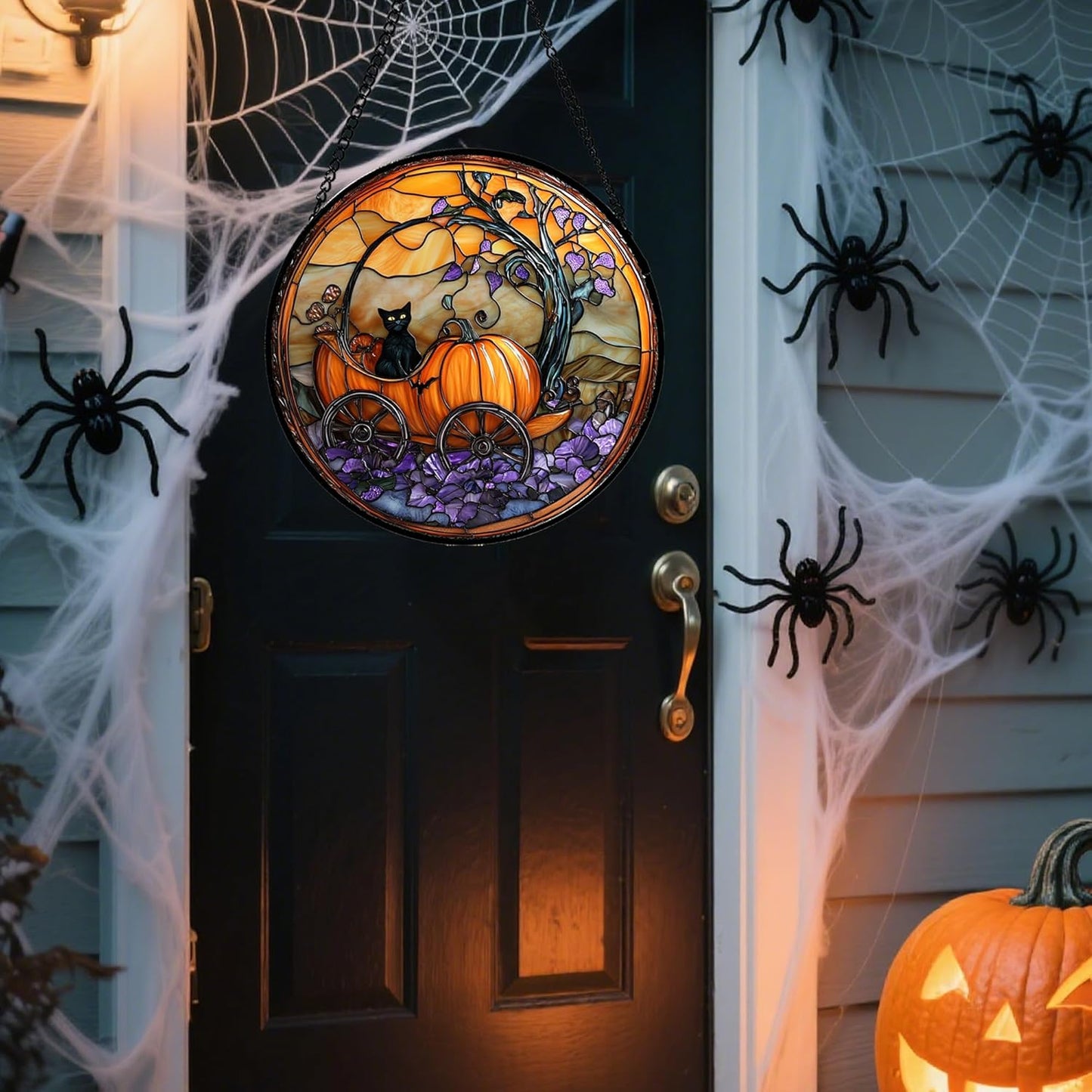 Stained Glass Window Hanging - Halloween Pumpkin Carriage Black Cat Suncatcher for Doors Window Garden Spooky Sun Catchers Gothic Decor Horror Gifts for Women Men Friend Boy Girl 6.3 in