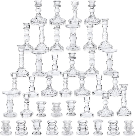 Mumufy 40 Pcs Glass Crystal Taper Candle Holders Clear Glass Candlestick Holder Fit 0.8 Inch Candles Crystal Decorative Candle Stand Centerpiece Table Wedding Dining Party (Classic,Clear)