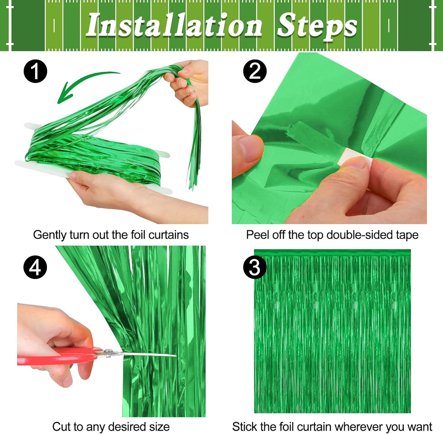 12 Pack Party Decorations, 3.28 FT x 7.05 FT Green Streamer, Metallic Birthday Backdrop Foil Fringe Curtains Green Tinsel, Party Supplies Photo Booth Props Door Wall Indoor Decor