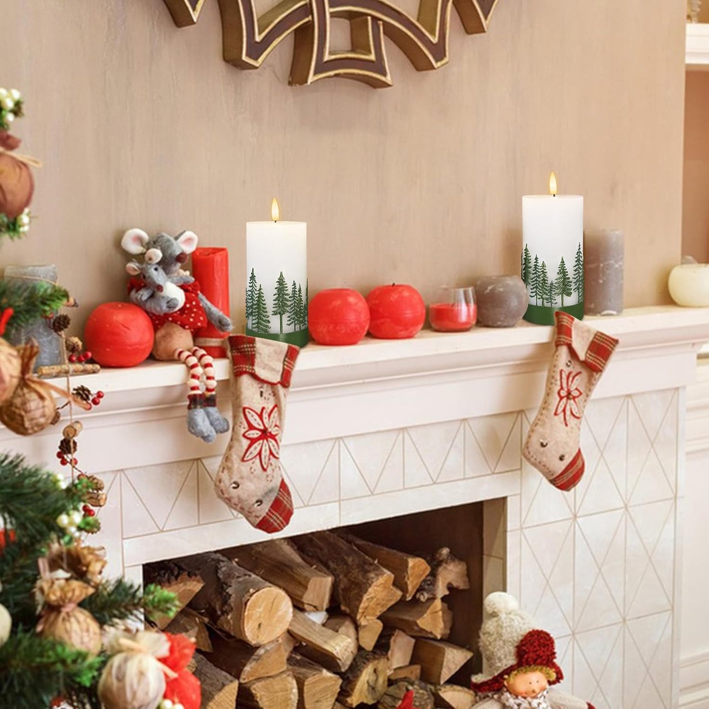 Silverstro Holiday Flameless Candles Green Hand Drawn Christmas Tree Design with Remote Control, Flickering Real Wax Christmas LED Candles - Home Party Bathroom Room Xmas Decorations - Set of 2