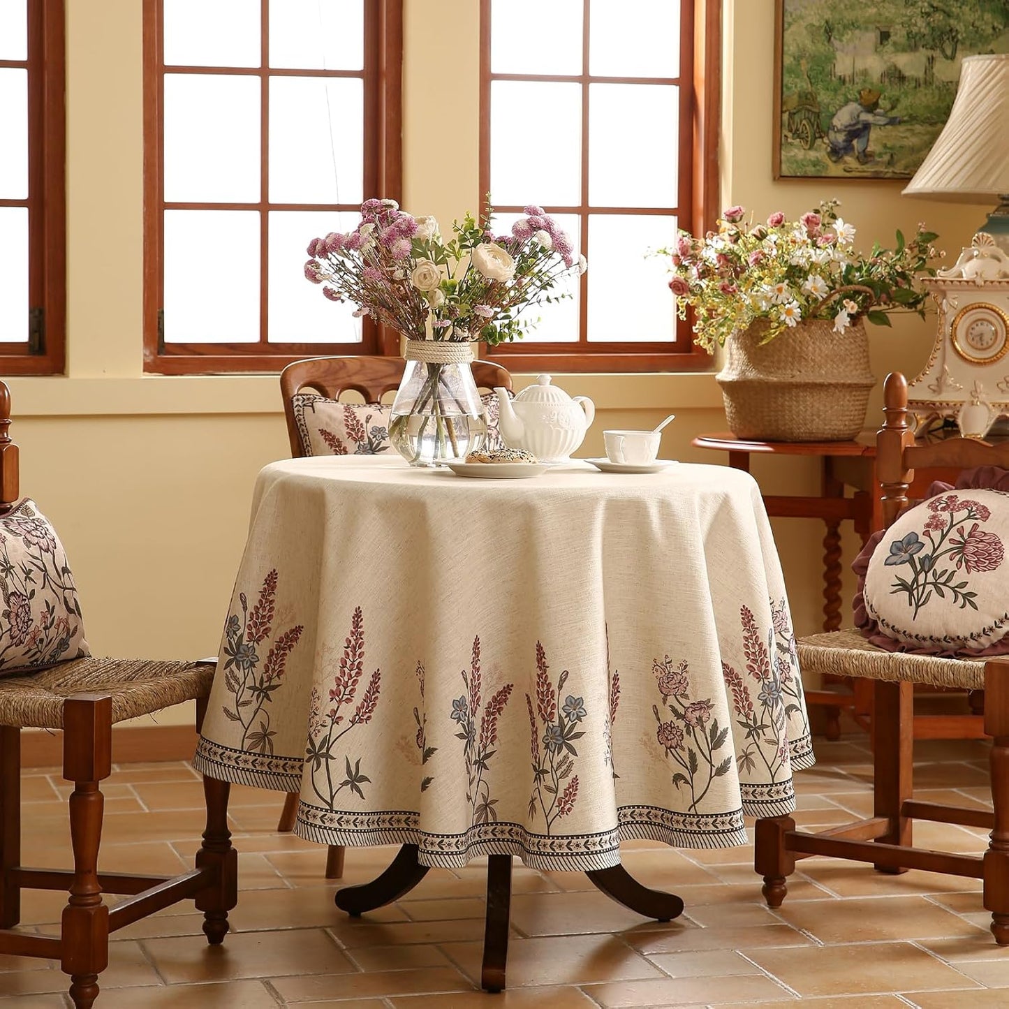 ISAENNE French Tablecloth for Round Tables,Linen Table Cloth with Colorful Flowers Pattern,Heavy Durable Table Cover for Dining Thanksgiving Kitchen Decor Party Christmas,Diameter 55"