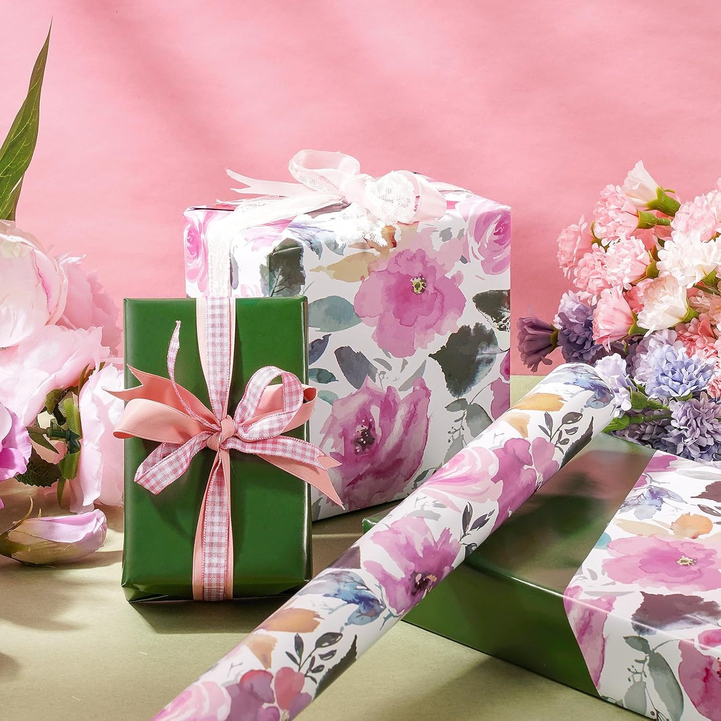 RUSPEPA Reversible Floral Wrapping Paper for Women, Mini Roll, Vintage Pink Rose with Deep Green Solid, Elegant Gift Wrap for Birthday, Wedding, Mother's Day, Bridal Shower, 17 Inches x 16.4 Feet