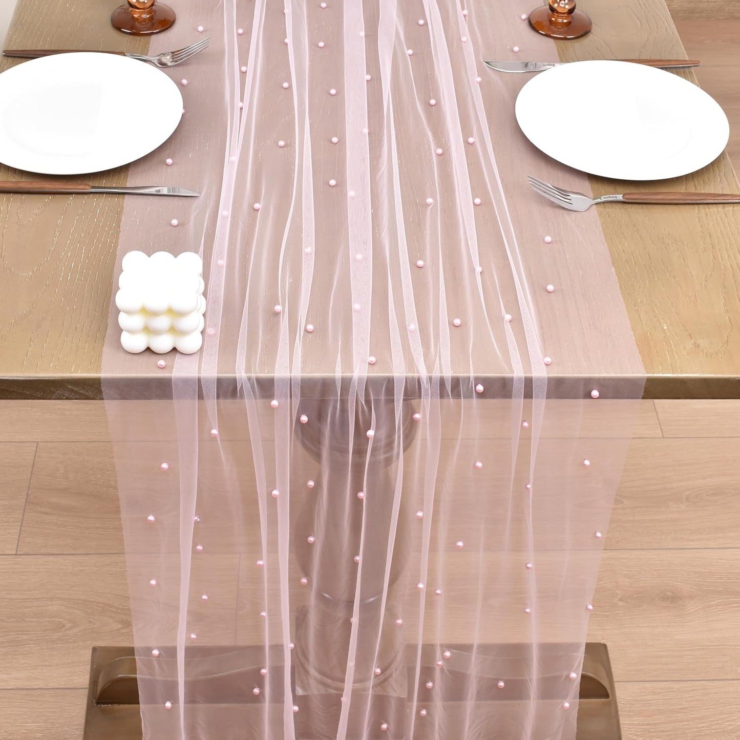 Joanlody Fall Pearl Table Runner 10ft Rustic Boho Tulle Table Runner with Pearls for Baby Shower Wedding Party Veil Dessert Thanksgiving Table Decor Pink 4pcs