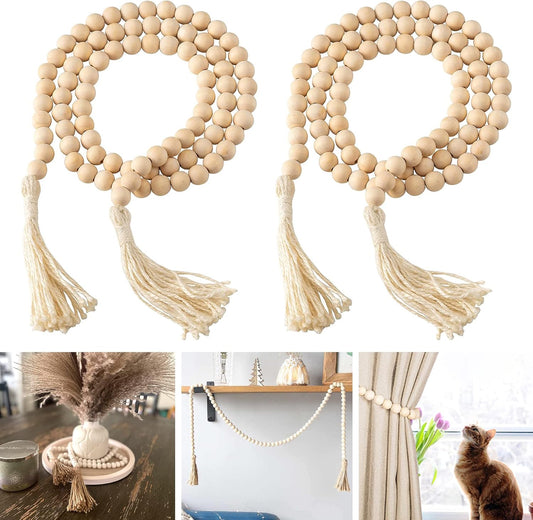 DECORKEY Farmhouse Wood Beads Garland, 2 Pack 58 Inch Wooden Beads for Boho Home Decor with Tassels, Rustic Country Decor for Coffee Table, Wall, Shelf, Tray, Vase, Living Room, Bedroom
