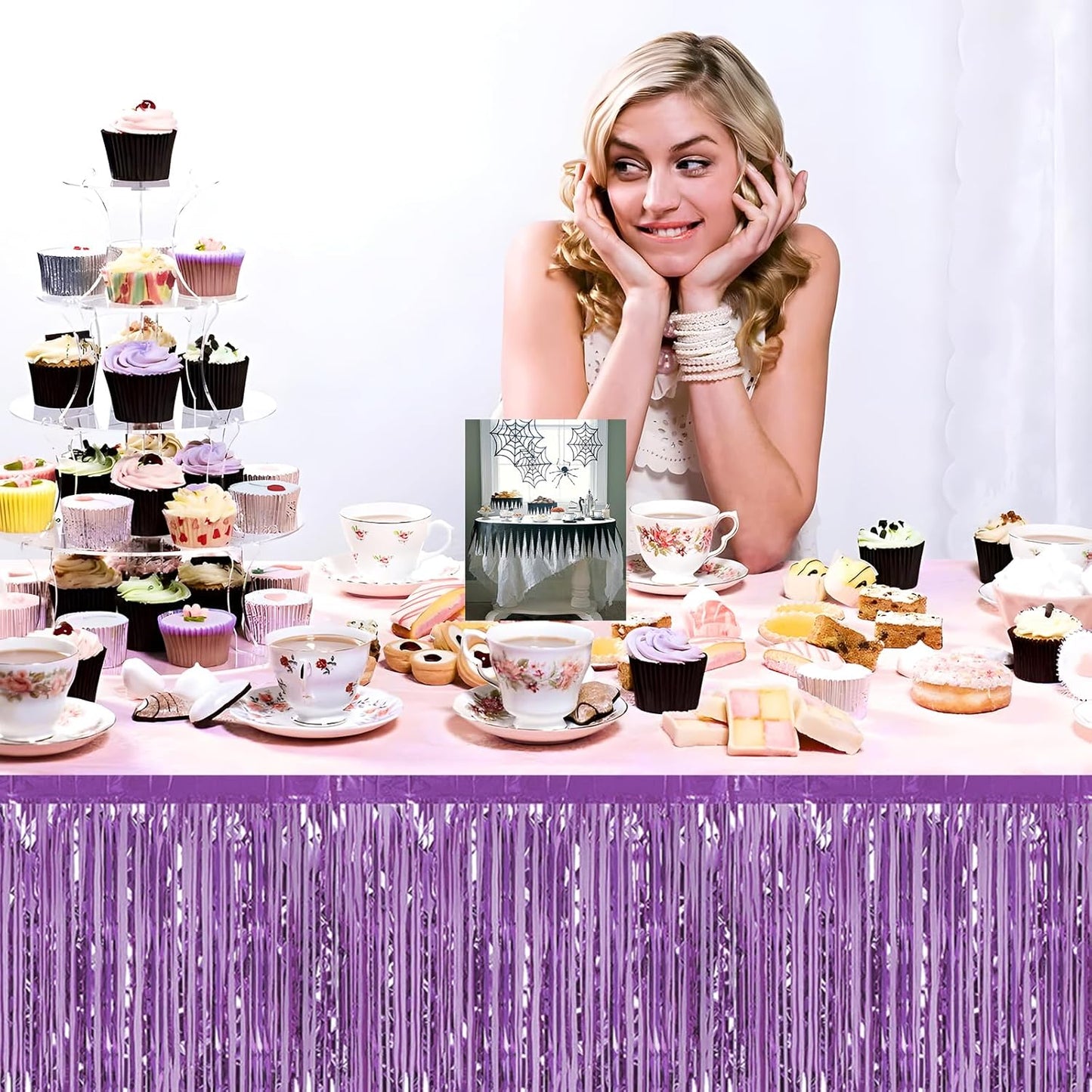 3 Pack 29x108 Inch Light Purple Foil Fringe Table Skirts Metallic Banner for Tinsel Streamer Garland Backdrop for Parade Floats Wedding Thanksgiving Birthday Christmas Halloween Party Decoration