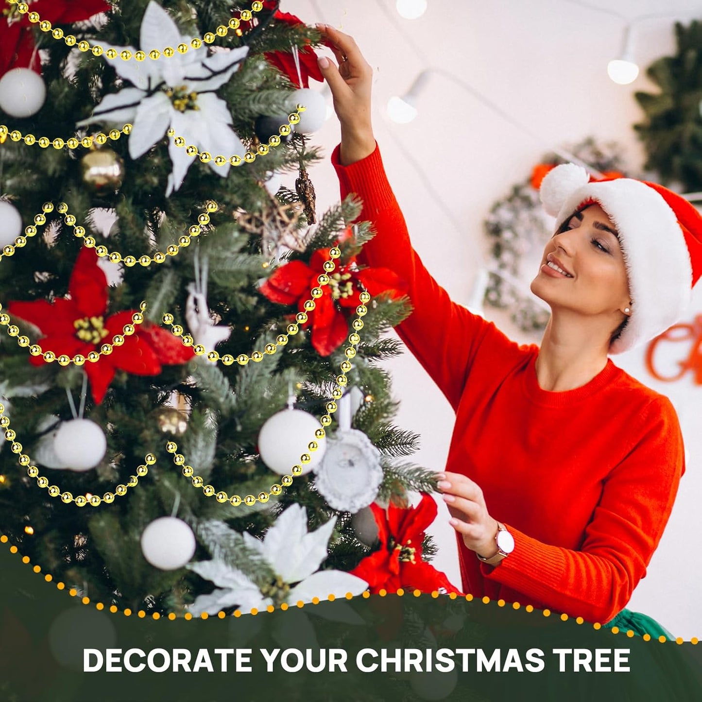 Craft String Pearls 8MM Pearl Bead, 33 Feet Gold Faux Pearl Garland Spool Roll Strand Wedding Party Decoration, Christmas Tree Decorations