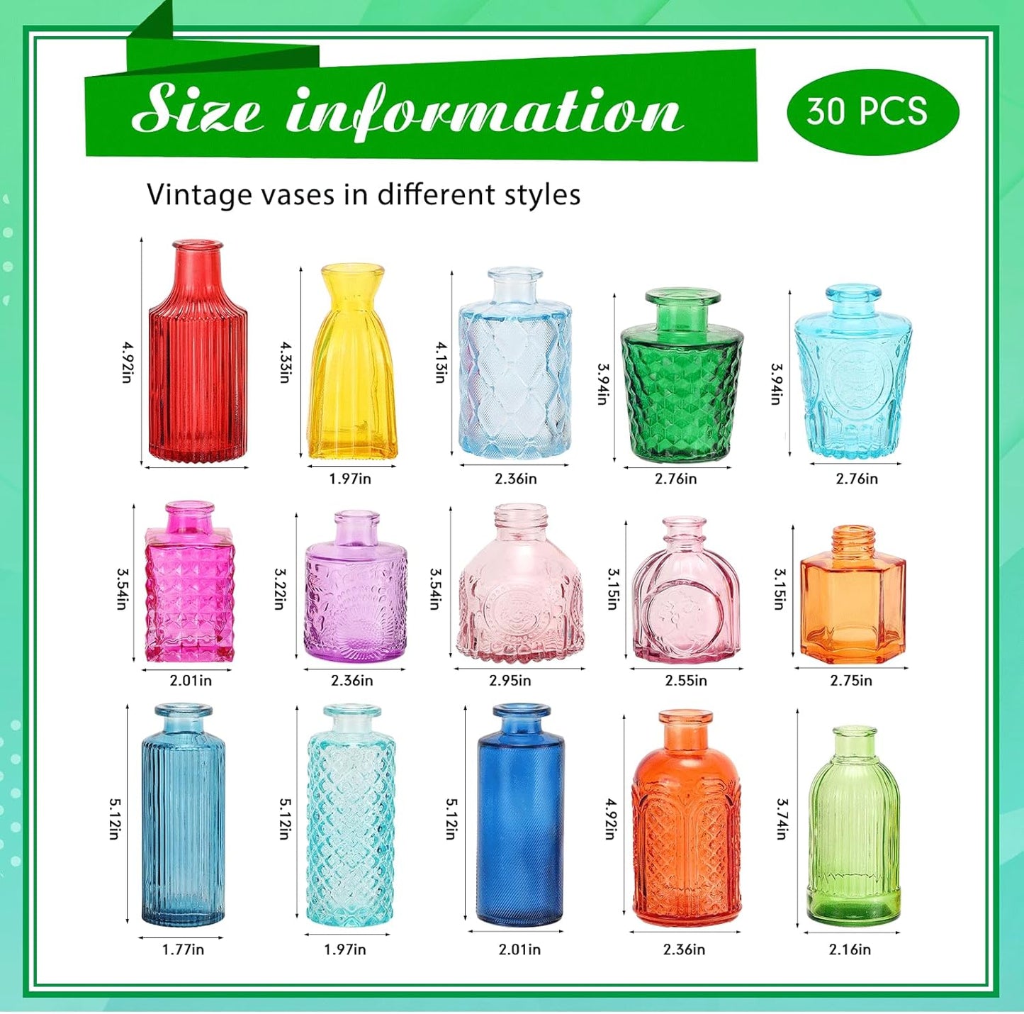 Yaomiao 30 Pcs Vases Bulk Colored Flower Glass Vases Bud Vintage Colored Glass Bottles Colorful Rustic Embossed for Home Wedding Table Decorations Gifts(Bright Color)