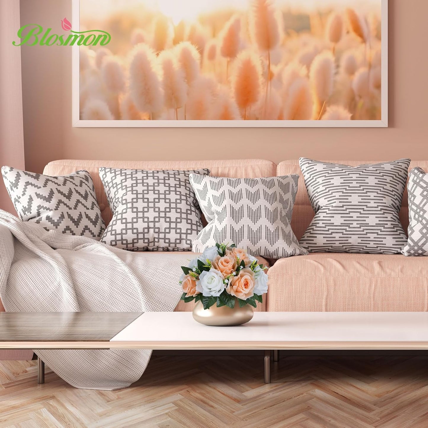 BLOSMON Flower Balls for Wedding Centerpieces: 10pcs Peach Fuzz 9.5 Inch Fake Rose Kissing Ball Decor Artificial Floral Arrangements Silk Bouquet with Base Home Party Room Table DIY Decorations