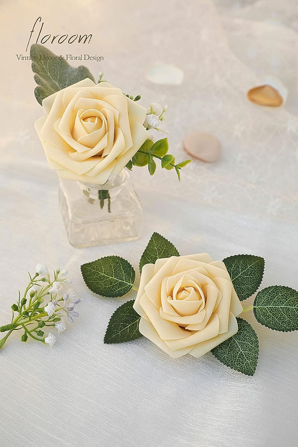 Floroom Artificial Flowers 25pcs Real Looking Creamy Yellow Foam Fake Roses with Stems for DIY Wedding Bouquets Bridal Shower Centerpieces Floral Arrangements Party Tables Home Decorations