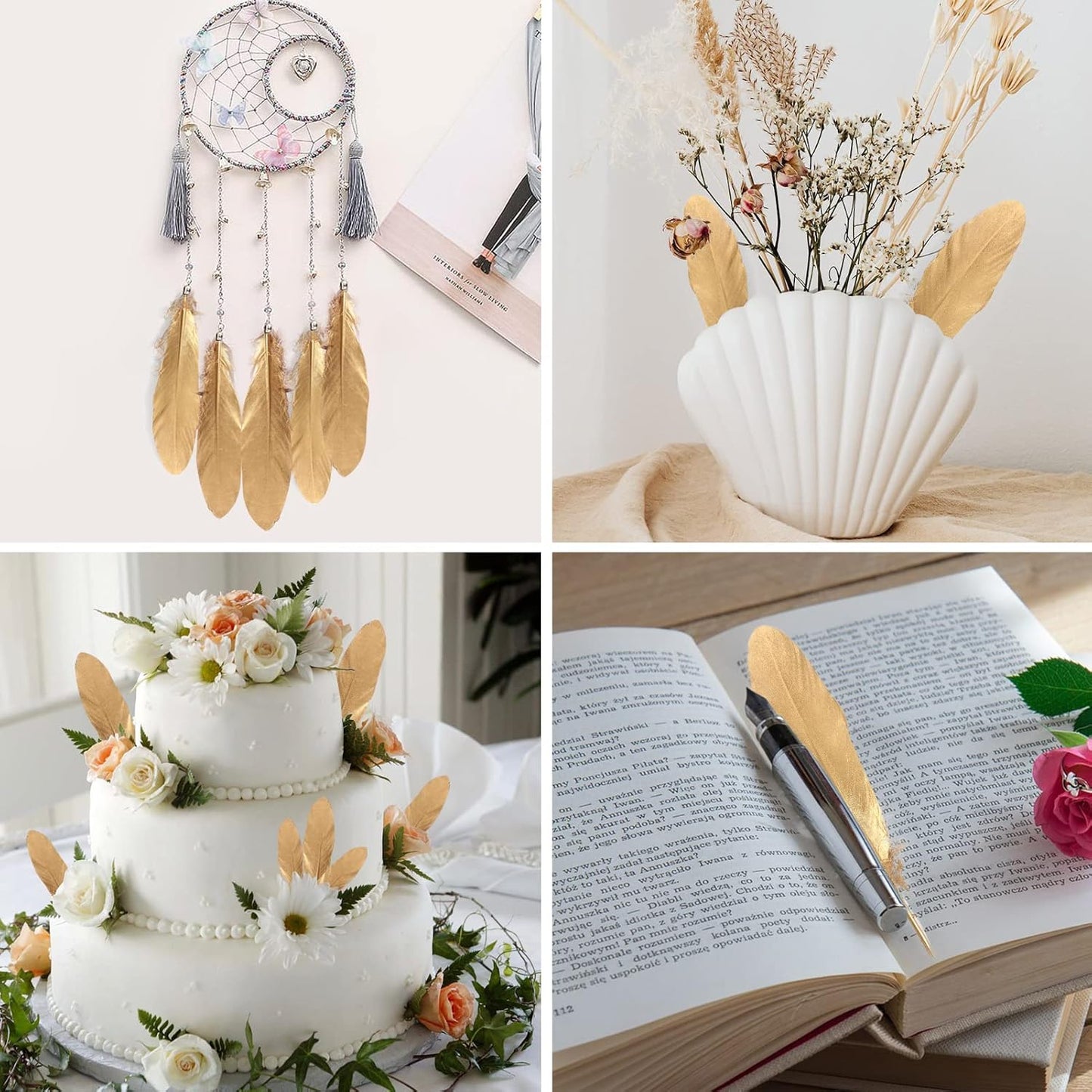 THARAHT 120pcs Gold Goose Feathers Natural Bulk 6-8 inch 15-20cm for Crafts DIY Cosplay Wedding Party Halloween Decoration Goose Nagoire Feathers