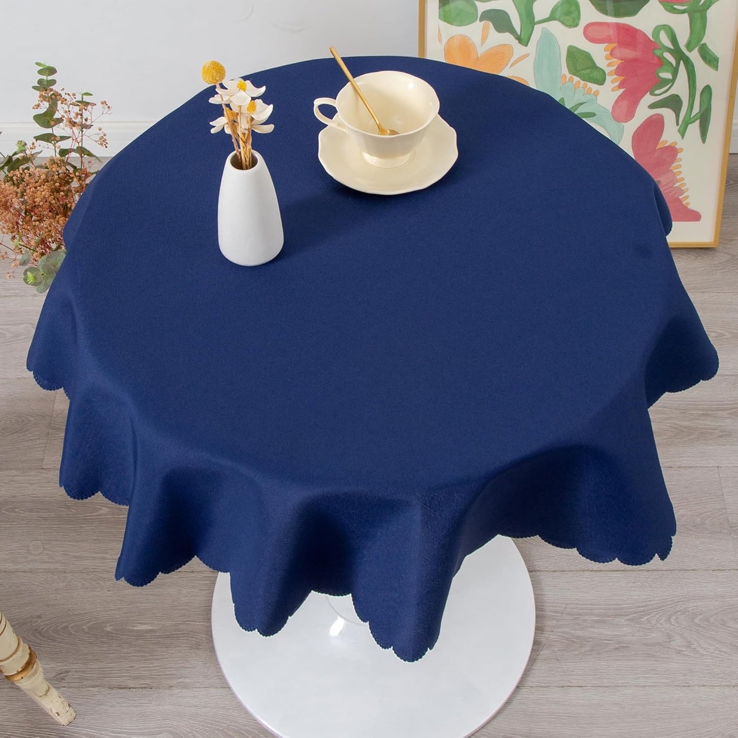 Round Navy Tablecloth 48 Inch Polyester Fabric Washable Table Cloth Decorative Wrinkle Resistant Solid Color Table Cover for Kitchen Dinning Party Wedding Camping