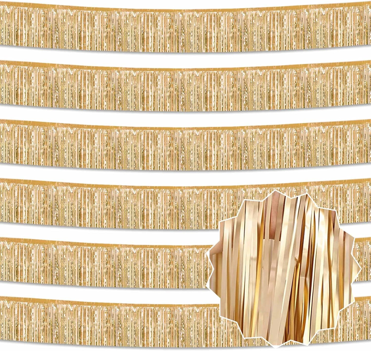 6 Pack 10 Ft Champagne Gold Foil Fringe Garland Metallic Streamers Tinsel Banner Wall Hanging Garland Backdrop for Parade Floats, Halloween, Christmas, Thanksgiving, New Year Party Decorations