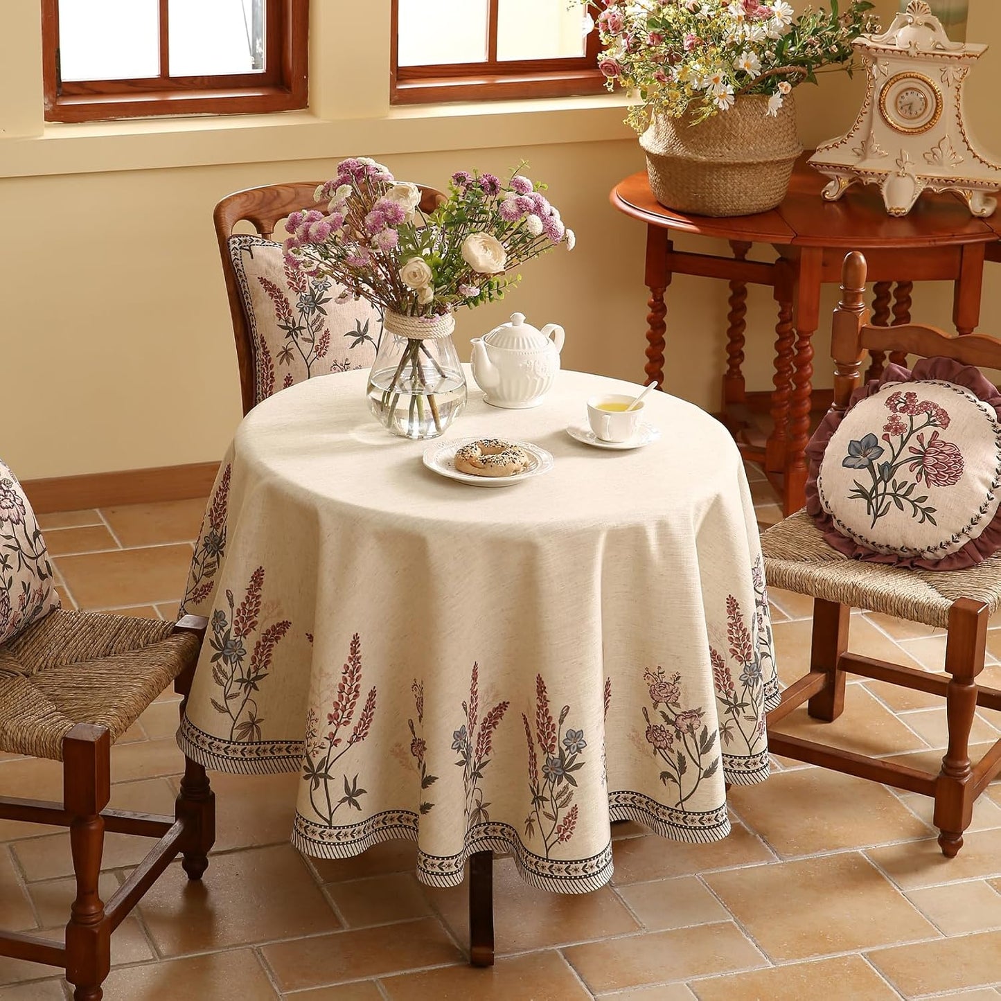 ISAENNE French Tablecloth for Round Tables,Linen Table Cloth with Colorful Flowers Pattern,Heavy Durable Table Cover for Dining Thanksgiving Kitchen Decor Party Christmas,Diameter 55"