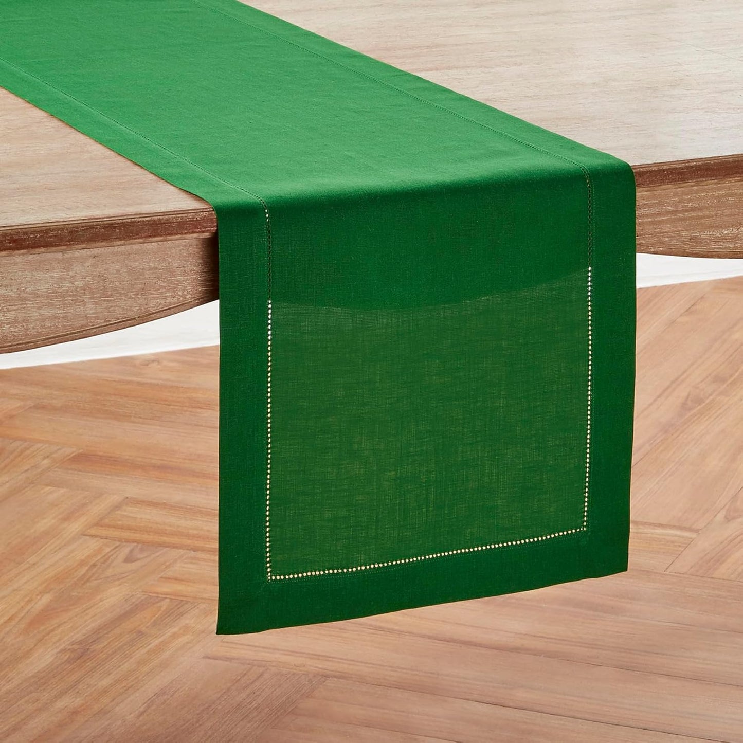 Solino Home Linen Garden Green Table Runner 90 Inches Long - 100% Pure Linen Hemstitch 14 x 90 Inch Table Runner for Dining, Christmas - Classic Hemstitch