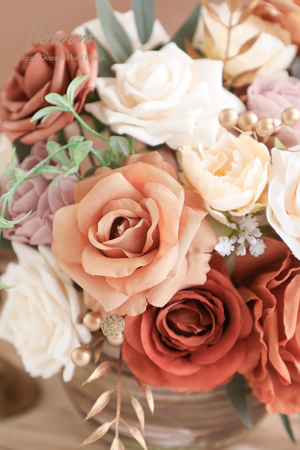 Floroom Terracotta Artificial Flowers Burnt Orange Fake Roses Peonies Dahlia Greenery Combo Box Set for DIY Wedding Bouquets Bridal Shower Centerpieces Floral Arrangements Party Tables Home Decoration