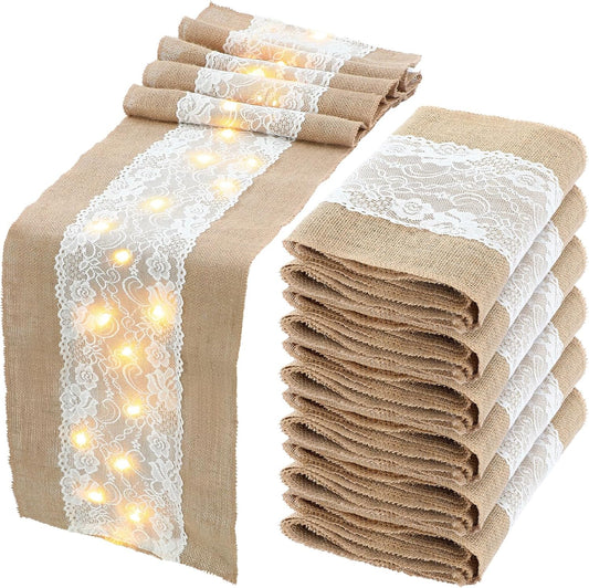 Xinnun 6 Pack Burlap Table Runner with LED String Lights, Modern Rustic Lace Natural Vintage Boho Jute Wedding Table Decor for Farmhouse Thanksgiving Christmas(Thanksgiving Harvest Style,12x70 Inches)