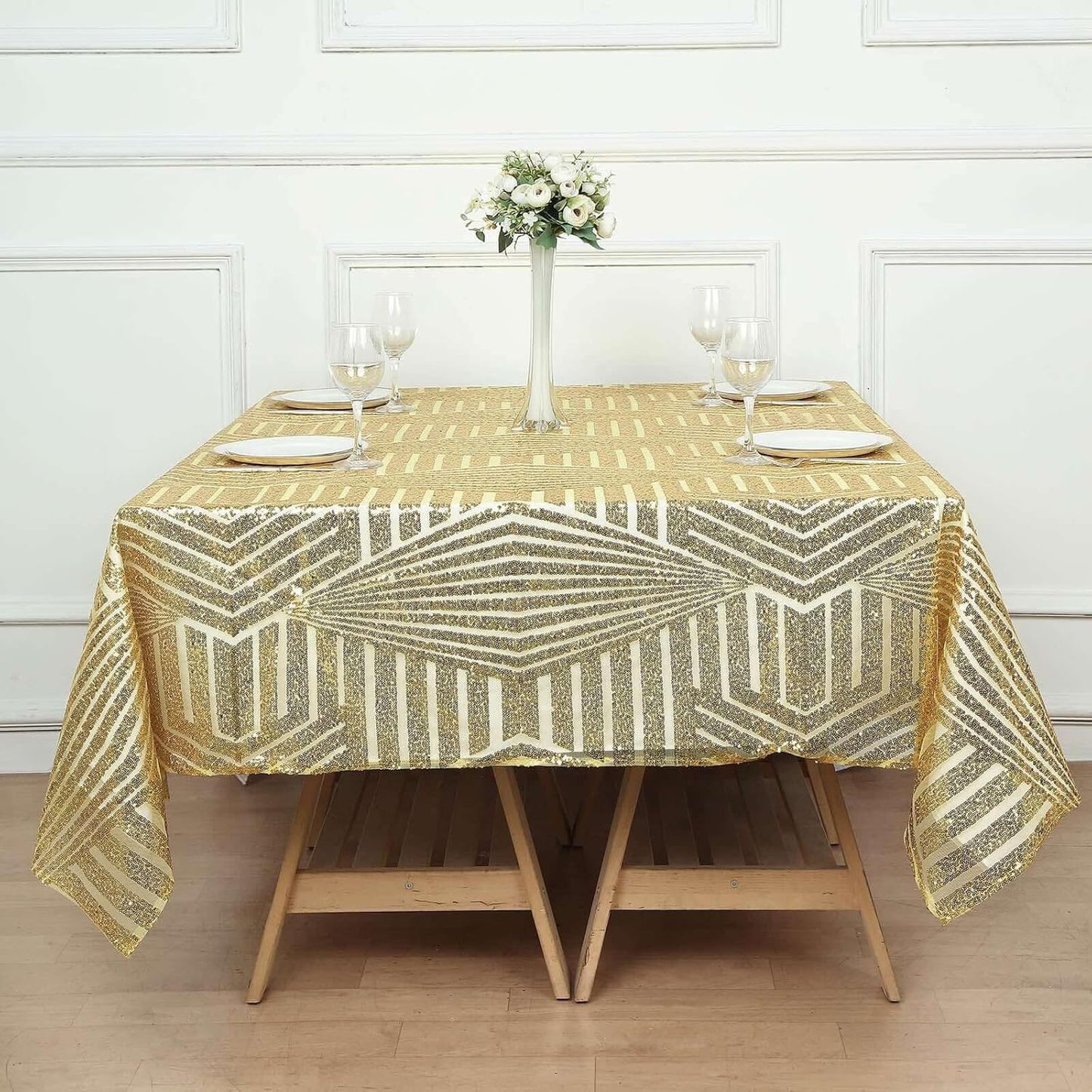 Efavormart 72" Gold Sparkly Sequin Geometric Tulle Square Table Overlay