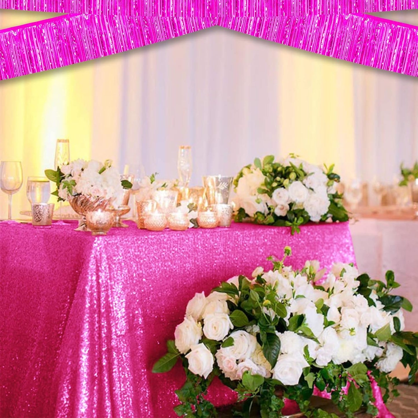 10 Pack 10 Feet Foil Fringe Garland Metallic Tinsel Streamers Banner Wall Hanging Curtain Backdrop for Parade Floats, Bachelorette, Wedding, Birthday, Halloween, Christmas Party Decorations(Fuchsia)