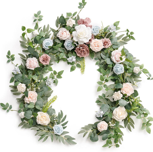 Ling's Moment Flower Garland - 6FT Eucalyptus & Rose - Sweetheart Table Decor for Wedding Reception, Artificial Floral Garland for Mantle, Thanksgiving, Christmas Decoration, Blush Powder Blue