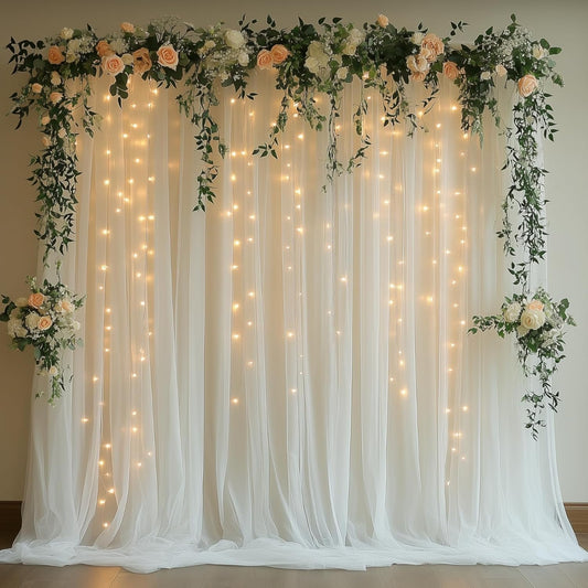 White Tulle Backdrop Curtain with Lights String - 10x8ft Sheer Backdrop with 250 LEDs for Wedding, Baby Shower, Bridal Shower, Birthday Party Photo Shoot Background and Home Decorations