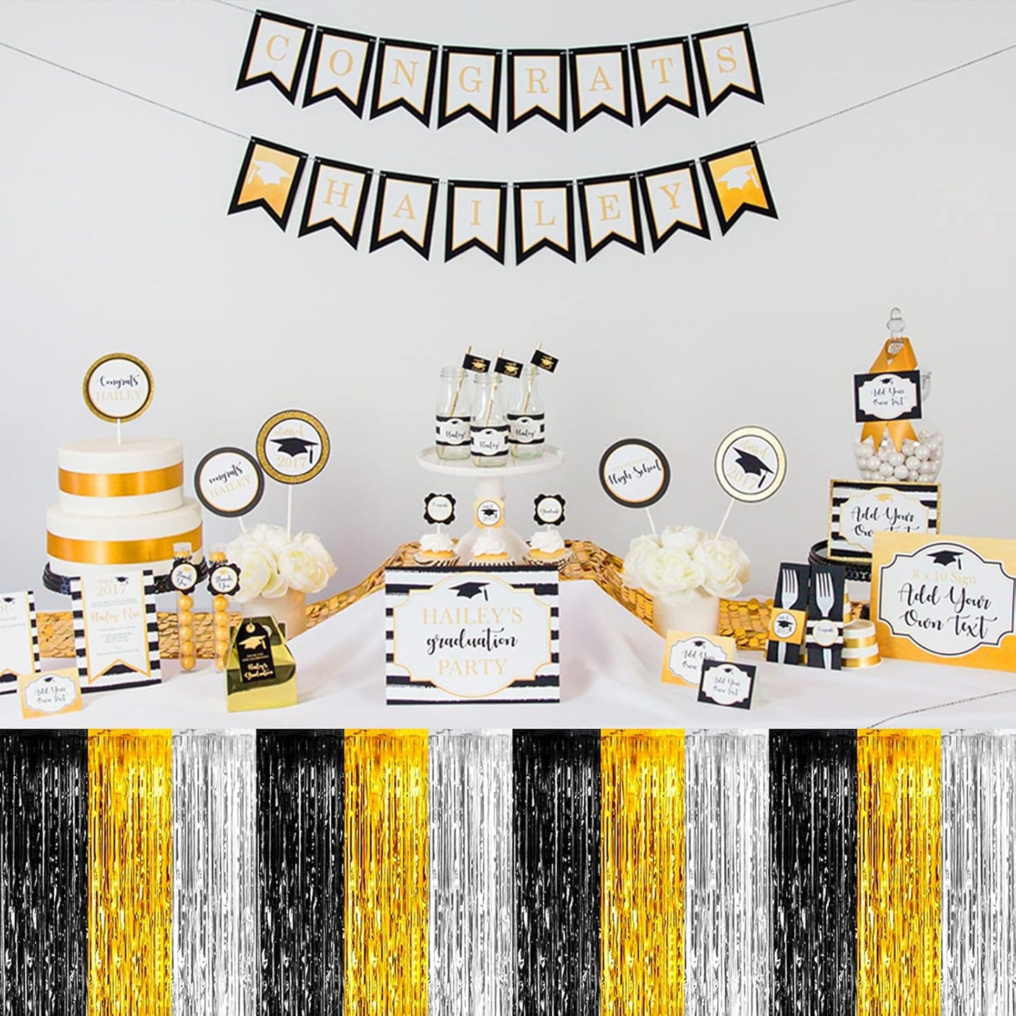 4 Pack 29x108 Inch Metallic Foil Fringe Tinsel Table Skirts for Rectangle Tables Streamer Backdrop for Wedding Birthday, Parade Floats, Christmas, Halloween Party Decoration(Gold Silver Black)