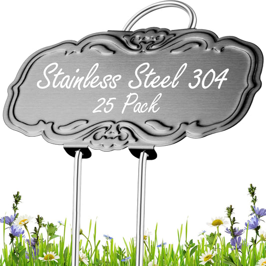 Updated Metal Plant Labels for Garden, 25 Pack Stainless Steel DIY Plant Markers Waterproof for Flowers Pots, Vegetables, Seedlings