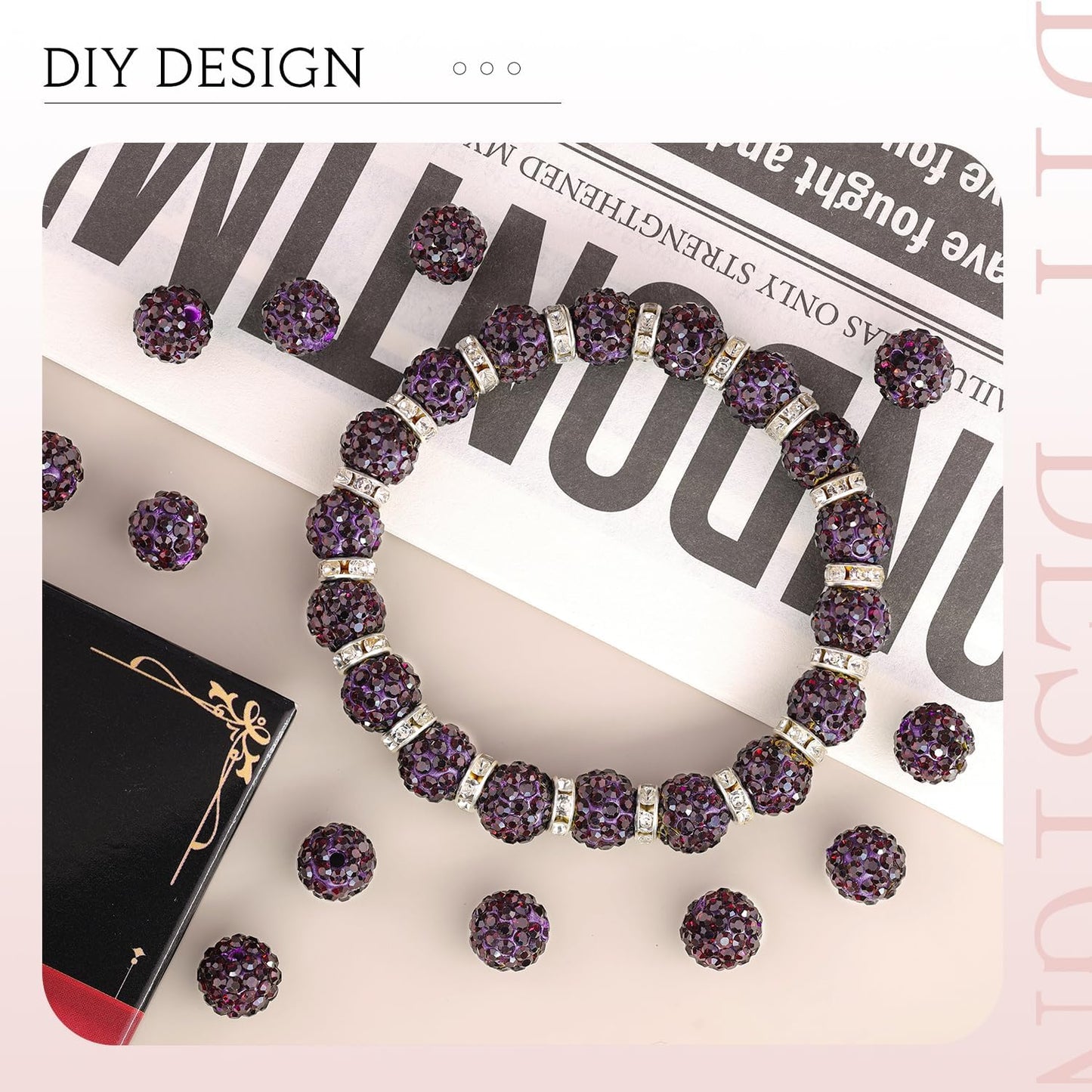 200pcs 10mm Dark Purple Rhinestone Beads for Jewelry Making, Shiny Round Shamballa Disco Ball Beads, Sparkle Crystal Clay Christmas for Bracelet Baseball Necklace Earring Crafting and DIY