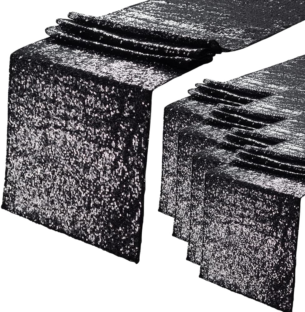 Eternal Beauty Black Table Runner for Wedding, 5PCS-12x108 Sequin Table Runner Decorations for Birthday Parties, Banquets, Graduations,Christmas
