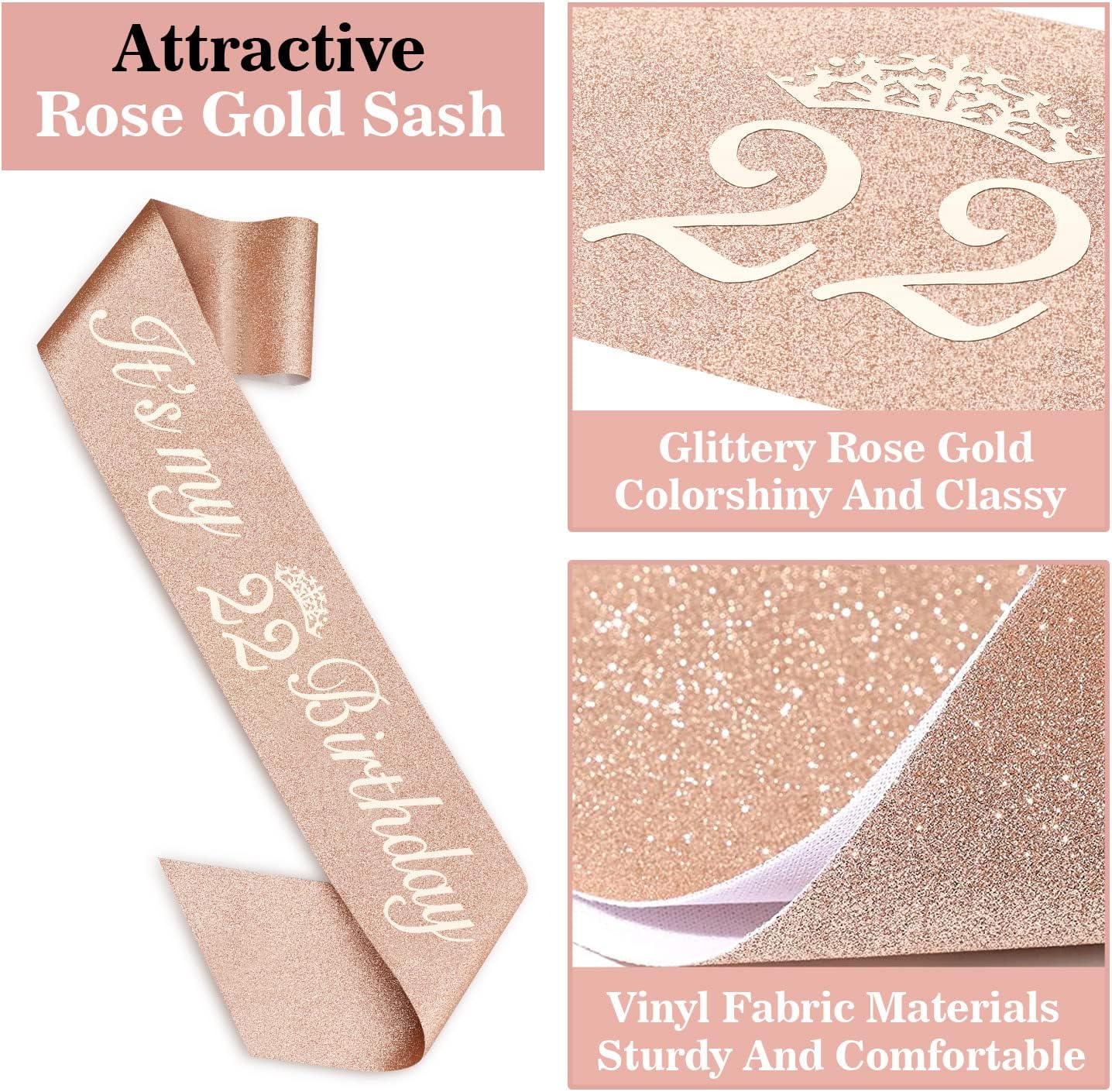 22 Birthday Decorations for Women Including Sash and Tiara, Cake Topper and Candles, 22nd Birthday Gifts for Women, Rose Gold Party Decor Supplies
