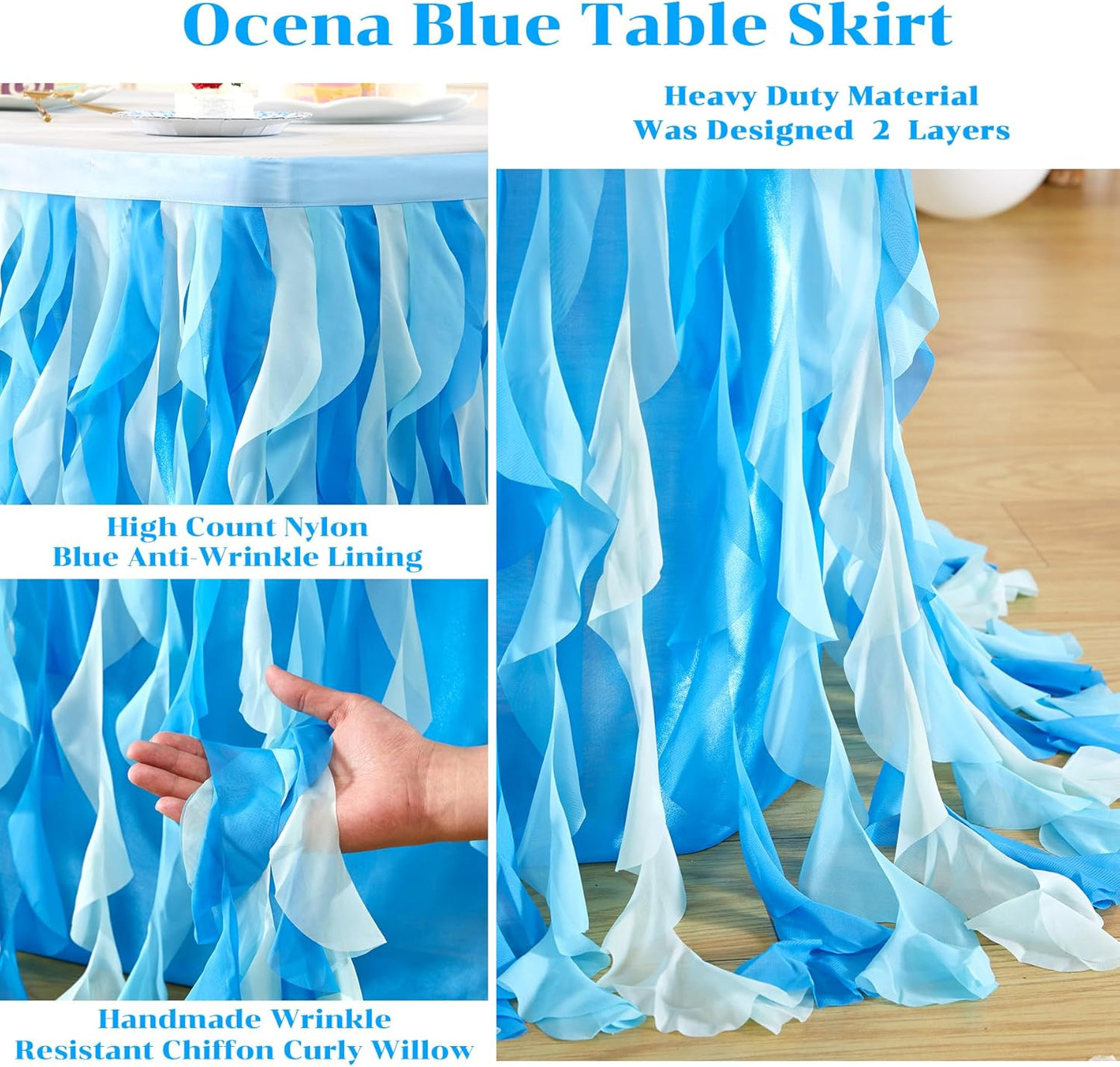 Partisky Ocean Blue Tulle Tutu Ruffle Curly Willow Table Skirt for Rectangle Table 17ft,Under The Sea Baby Shark Themed Table Cloth for Boys Girls Birthday Party or Baby Shower