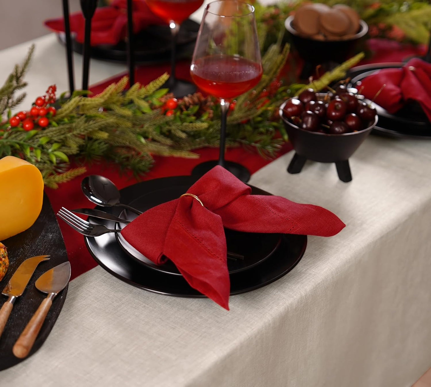 100% Pure Linen Red Napkins 20 x 20 Inch - Hemstitch Christmas Dinner Napkins Set of 4 - Cloth Fabric Napkins for Thanksgiving, Winter, New Year - Elara