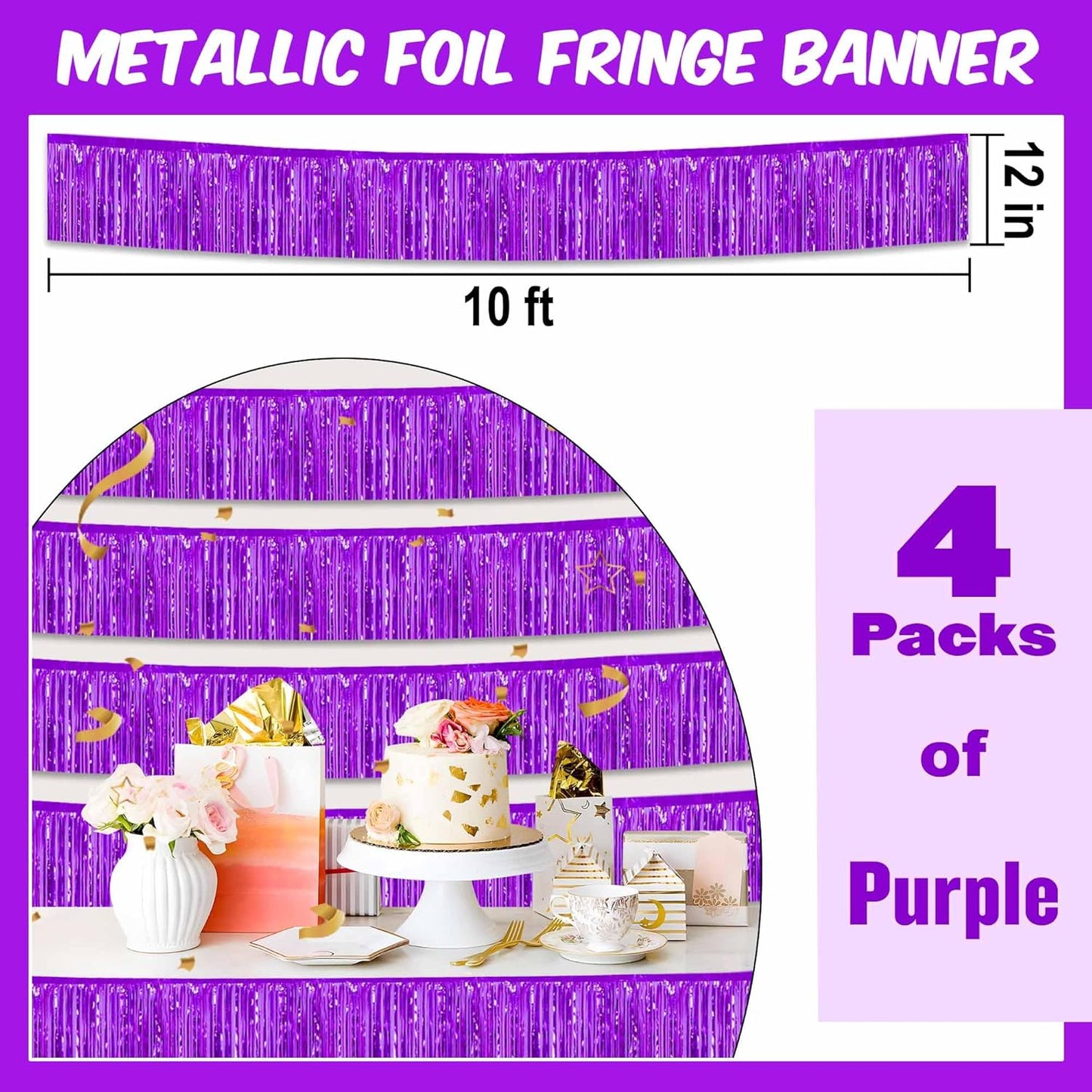 4 Pack 10 Ft Purple Foil Fringe Garland Metallic Streamers Tinsel Banner Wall Hanging Garland Backdrop for Parade Floats, Halloween, Christmas, Thanksgiving, New Year Party Decorations