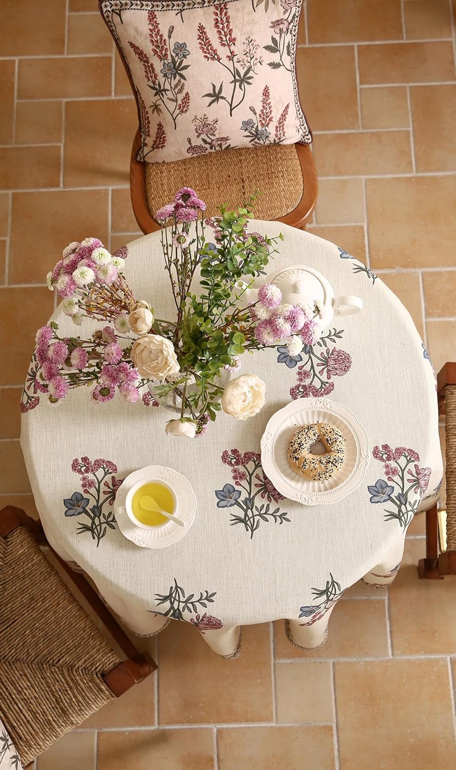 ISAENNE Designer Linen Light Beige Small Round Tablecloth,French Colorful Floral Table Cloth,Stain Resistant Decor Tablecloths for Dining Thanksgiving Christmas Kitchen,Diameter 55"-Helena E